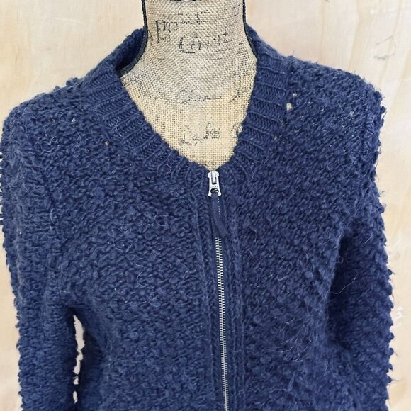 Lucky Brand M Med Chunky Knit Cardigan Zip Navy Blue Wool Blend Sweater Alpaca - Picture 2 of 13